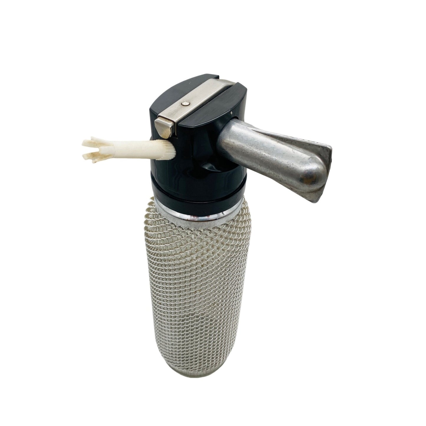 Sodaflasche Netz Vintage 60er 70er Sodasiphon Metall silber Siphon Glasflasche