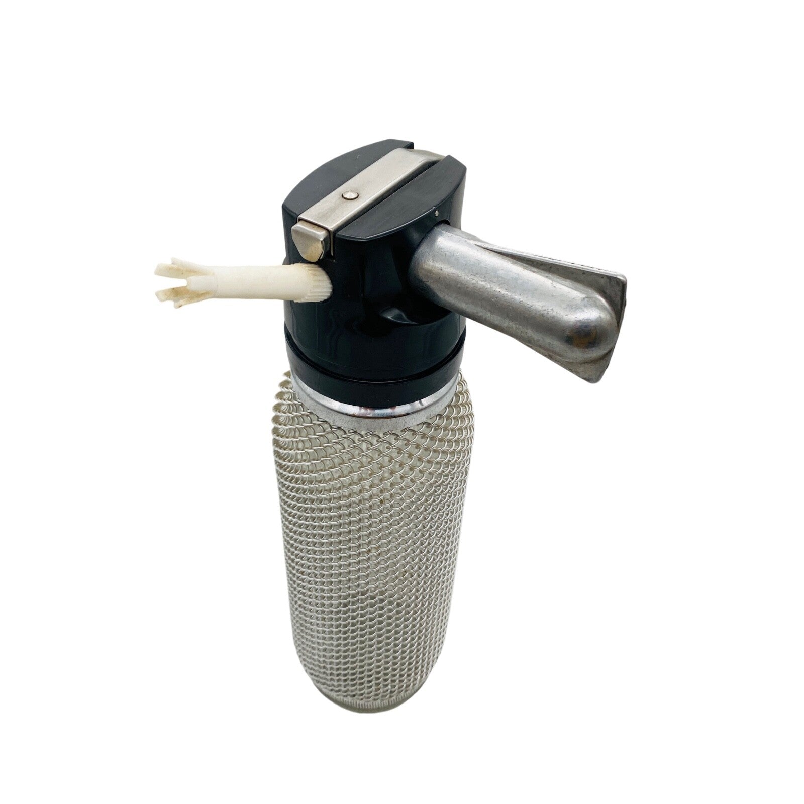 Sodaflasche Netz Vintage 60er 70er Sodasiphon Metall silber Siphon Glasflasche