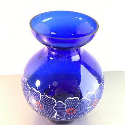Vintage blau Vase 50er 60er 17,5 cm mit Dekor weiß MID CENTURY