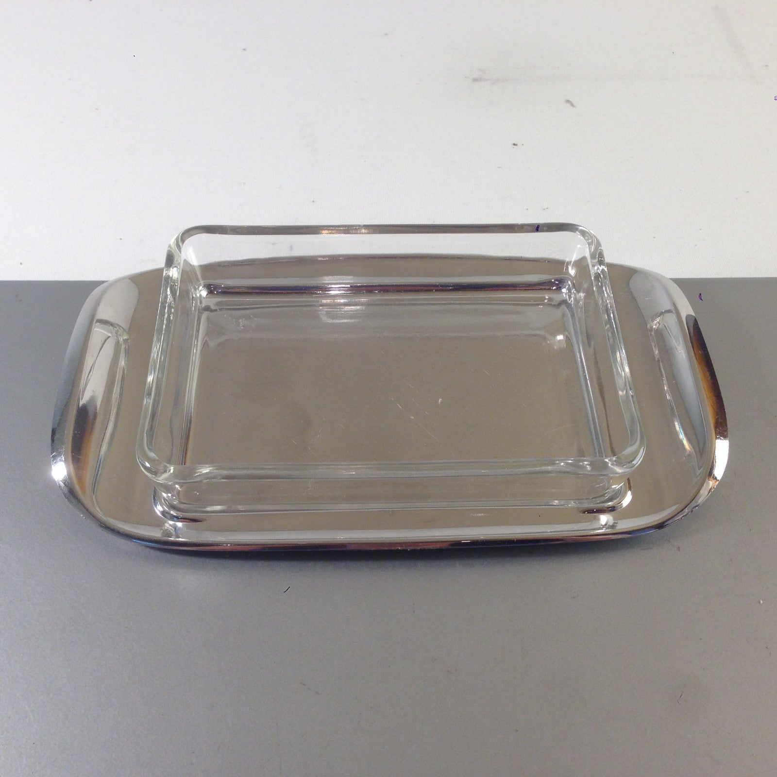 QUIST Tablett Edelstahl Glasschälchen Schale Glas Vintage 60er