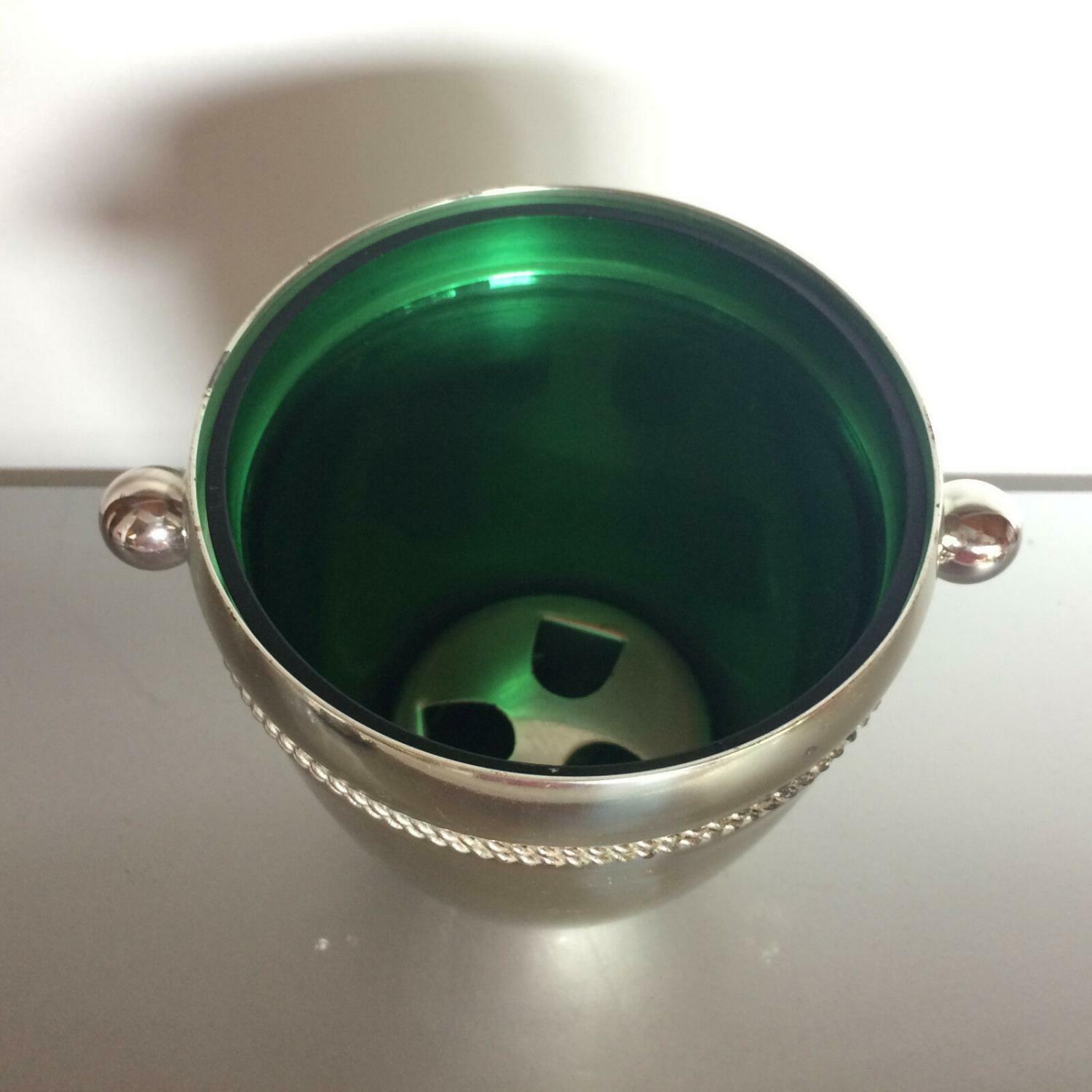 Eiswürfeleimer silber mit Einsatz Glas grün 60er 70er versilbert H 13 cm