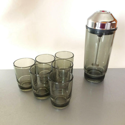 SHAKER Design 50er 60er Cocktailshaker Glas mit GLäser & OVP Rauchglas