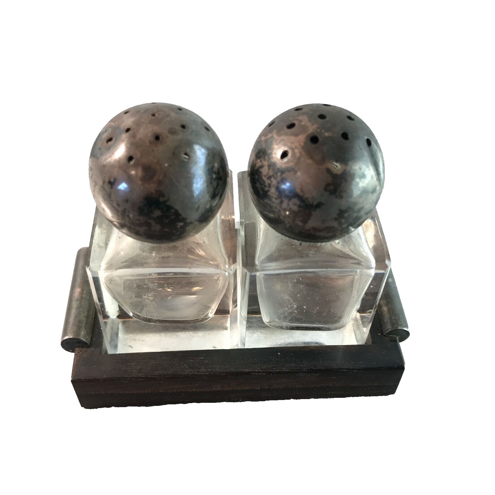 Art Déco Salt- und Pfefferstreuer Set Glas Metall Holz 20er 30er mini