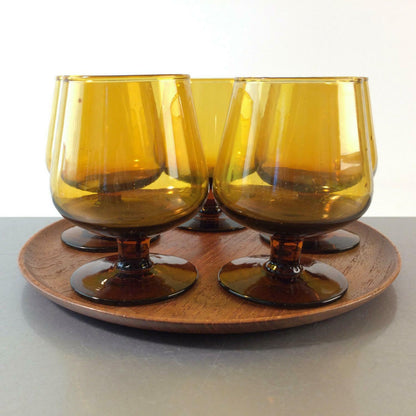 VINTAGE Cognacgläser Gläser 8 cm 5er Set 50er 60er mit Teak Tablett 18 cm