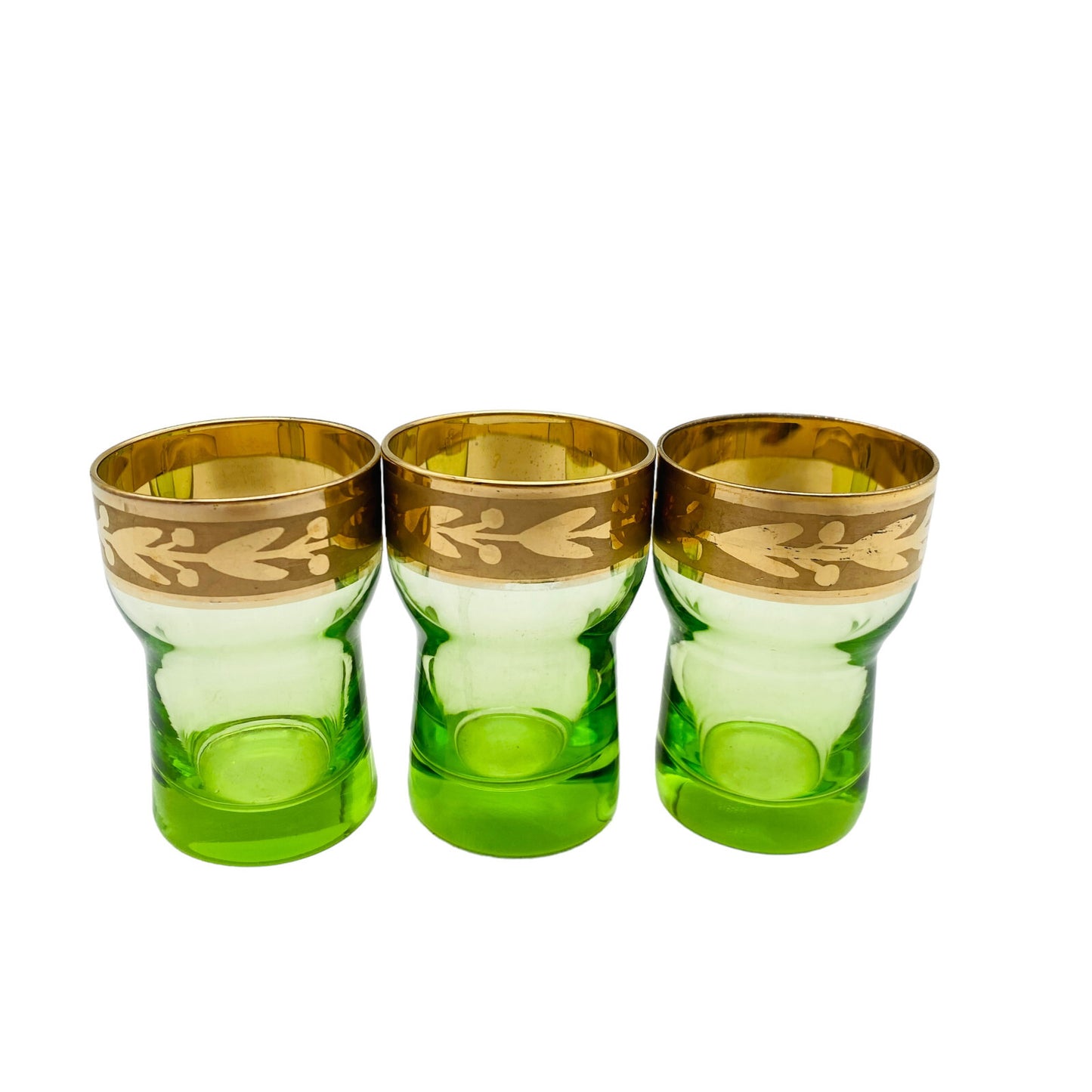 Vintage Gläser 50er 60er MID CENTURY Glas 7,5 cm grün Goldrand Schnapsgläser