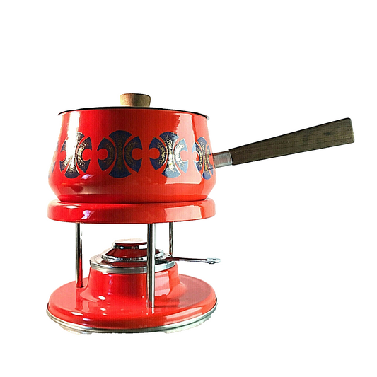 Vintage Fondue Fonduetopf Stövchen Rechaud Brenner Emaille MID CENTURY