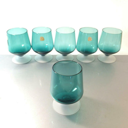 TAUBE Gläser 9,8 cm Satinato Fuß blau 6er Set  MID CENTURY GLAS  50er 60er