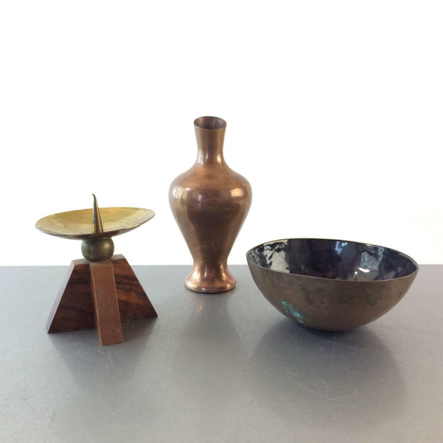 VINTAGE Vase Kupfer 50er 60er 10 cm Messing Kerzenhalter Holz Emaille Scha