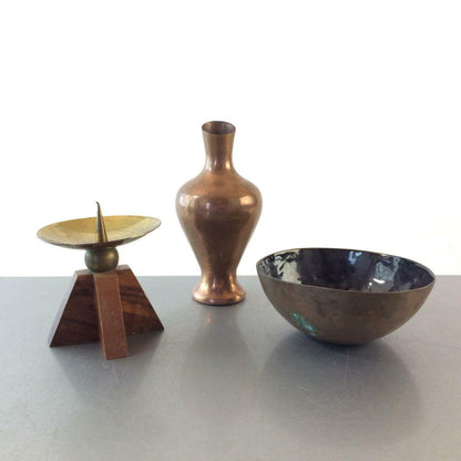 VINTAGE Vase Kupfer 50er 60er 10 cm Messing Kerzenhalter Holz Emaille Scha