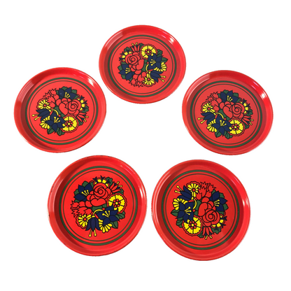 Untersetzer Metall 60er 70er 8,2 cm 5 er Set Vintage rot  Muster