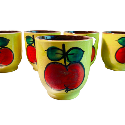 STAFFEL Stoneware Becher  9 cm gelb mit Apfel 5er Set Keramik 50er 60er