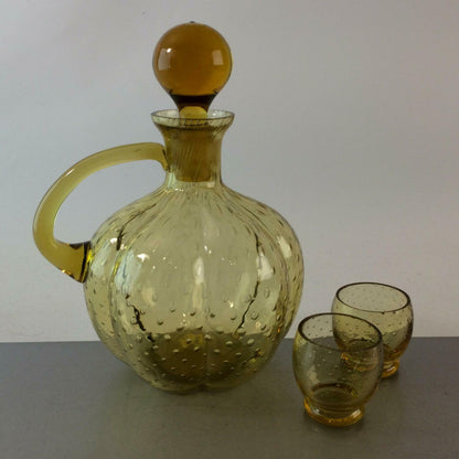 Karaffe Flasche mit Likörgläser Schnapsgläser 50er 60er Glas Luftblasen