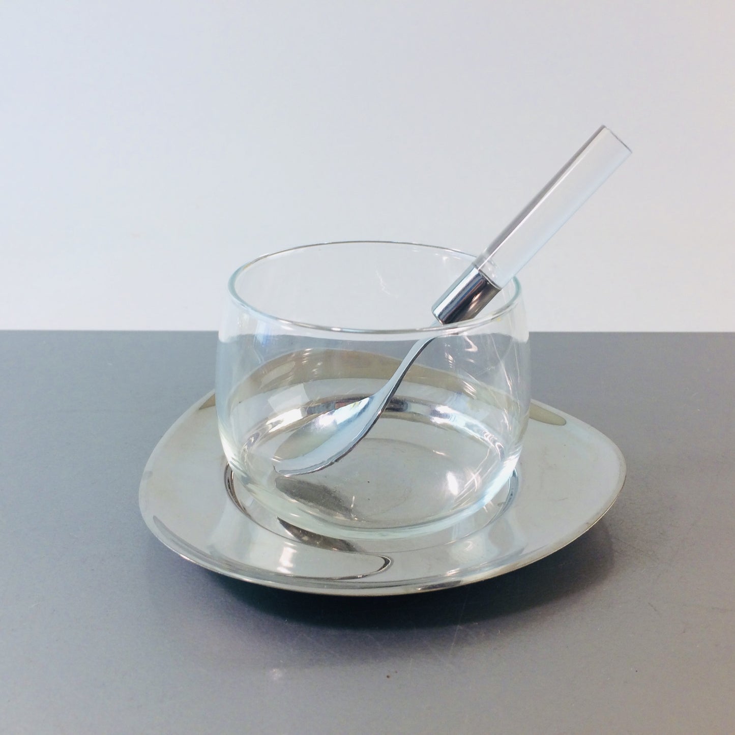 WMF Glas mit Tablett und Löffel Edelstahl