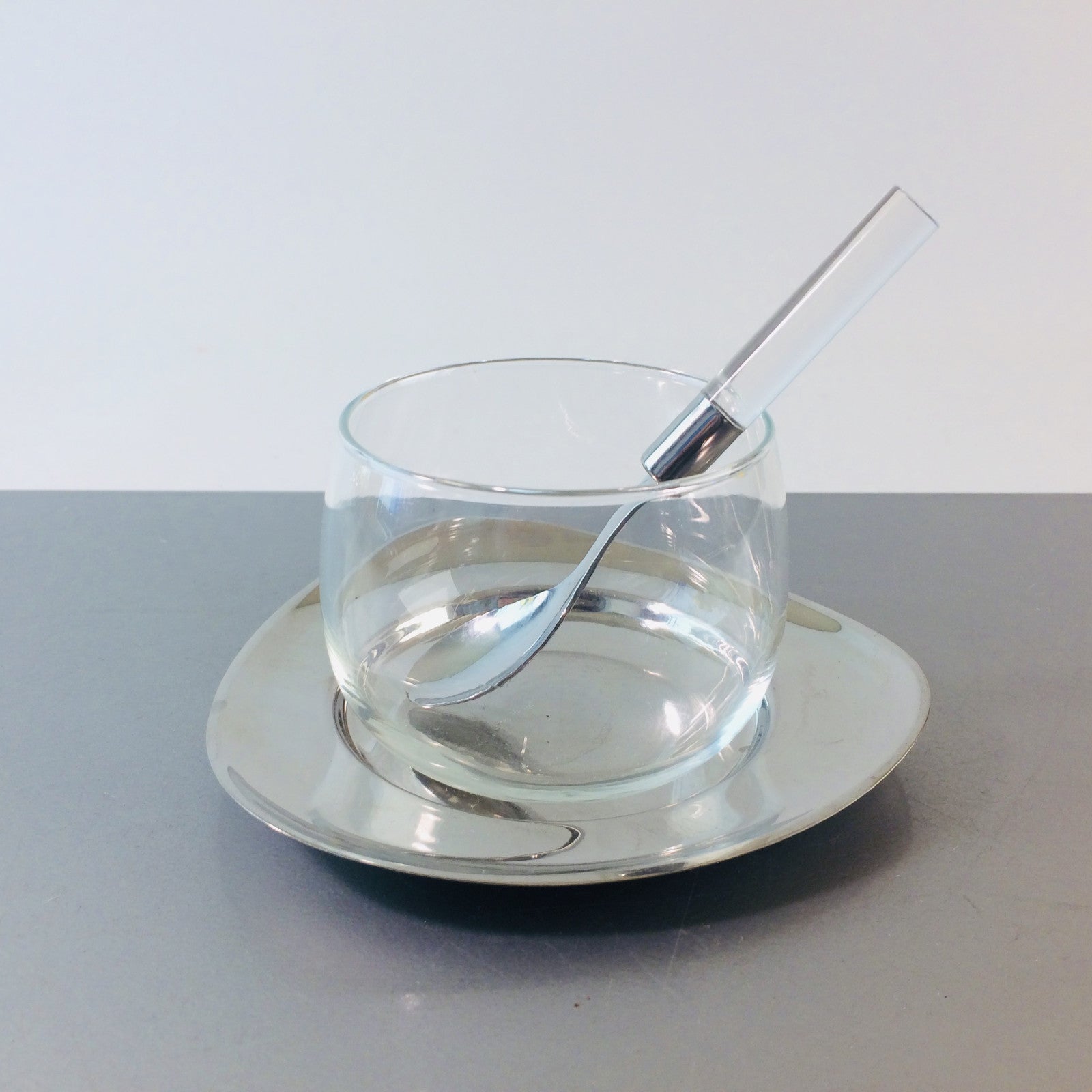 WMF Glas mit Tablett und Löffel Edelstahl