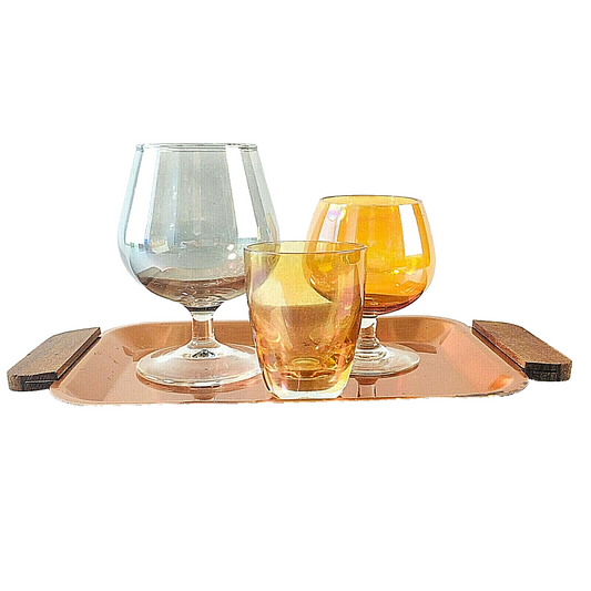 Cognacgläser 50er 60er Gläser Glas mit Tablett Kupfer Teak Schnapsglas