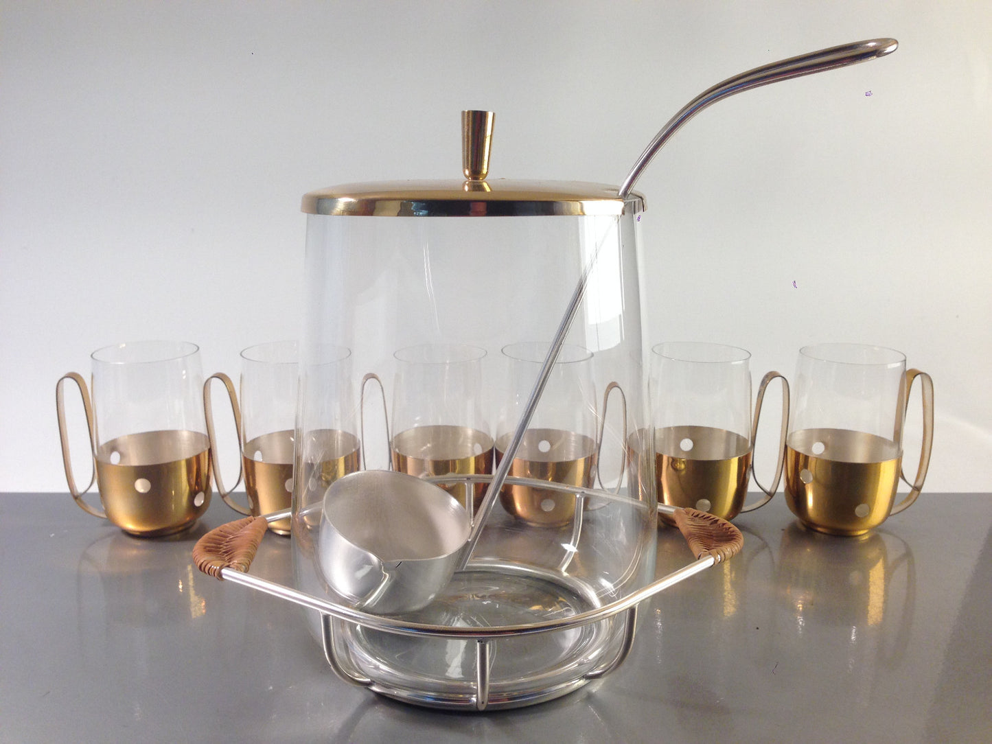 VINTAGE 50er 60er Messing Glas Leder Silber BOWLE Gläser Tassen Kelle