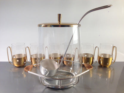VINTAGE 50er 60er Messing Glas Leder Silber BOWLE Gläser Tassen Kelle