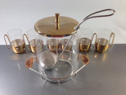 VINTAGE 50er 60er Messing Glas Leder Silber BOWLE Gläser Tassen Kelle