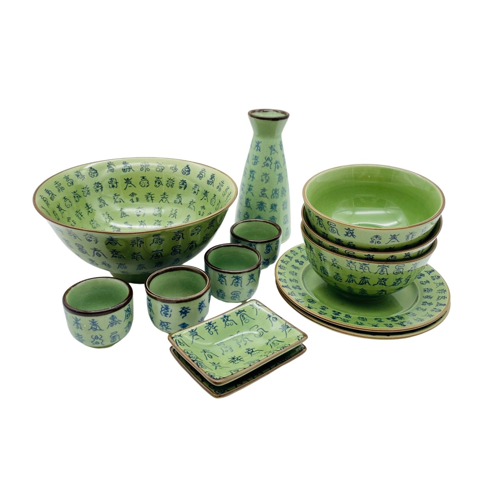 Porzellan Schalen Schüssel grün Schriftzeichen asiatisch Teeschalen Set