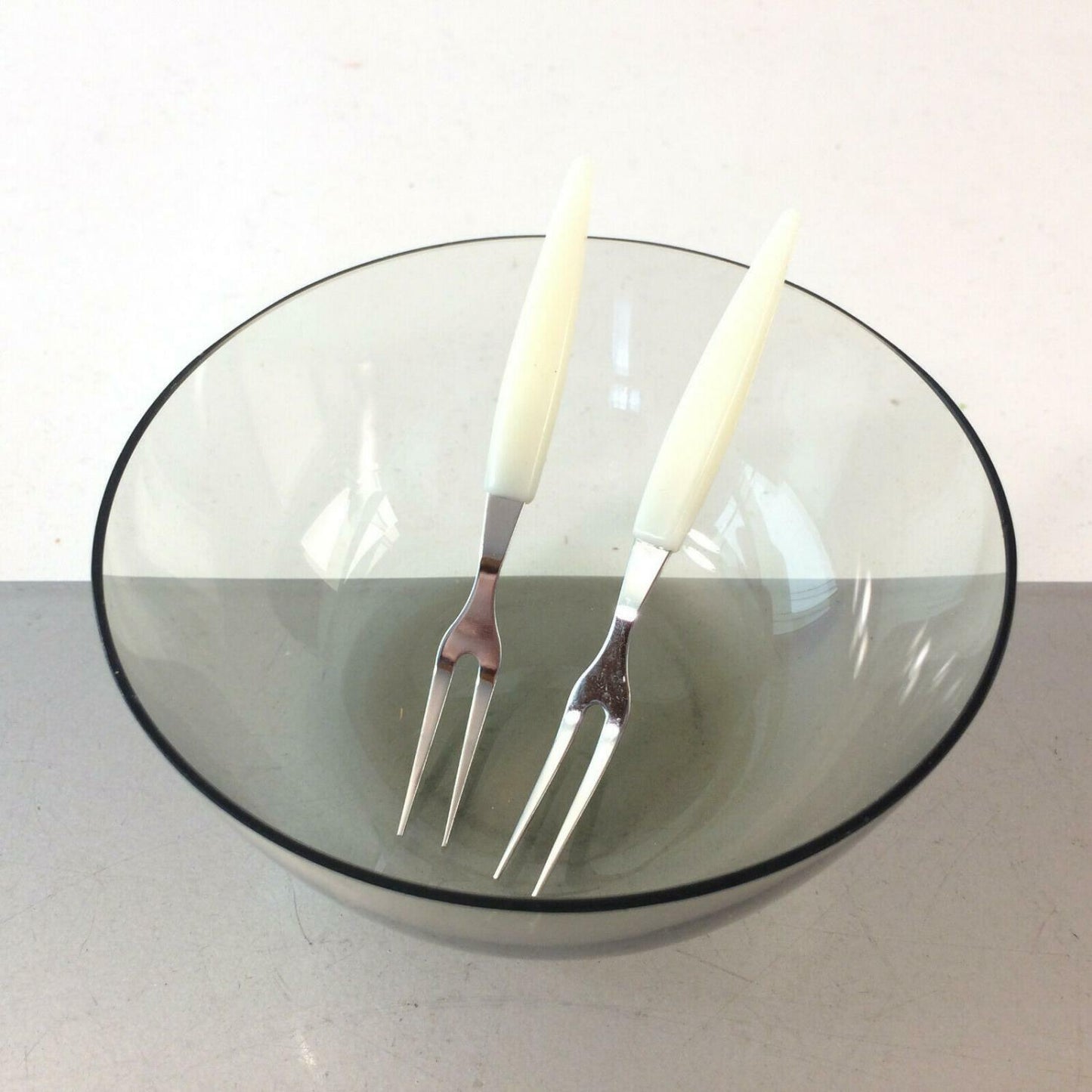 50er 60er Rauchglas Glas Schälchen Schalen MID CENTURY + Gabeln 