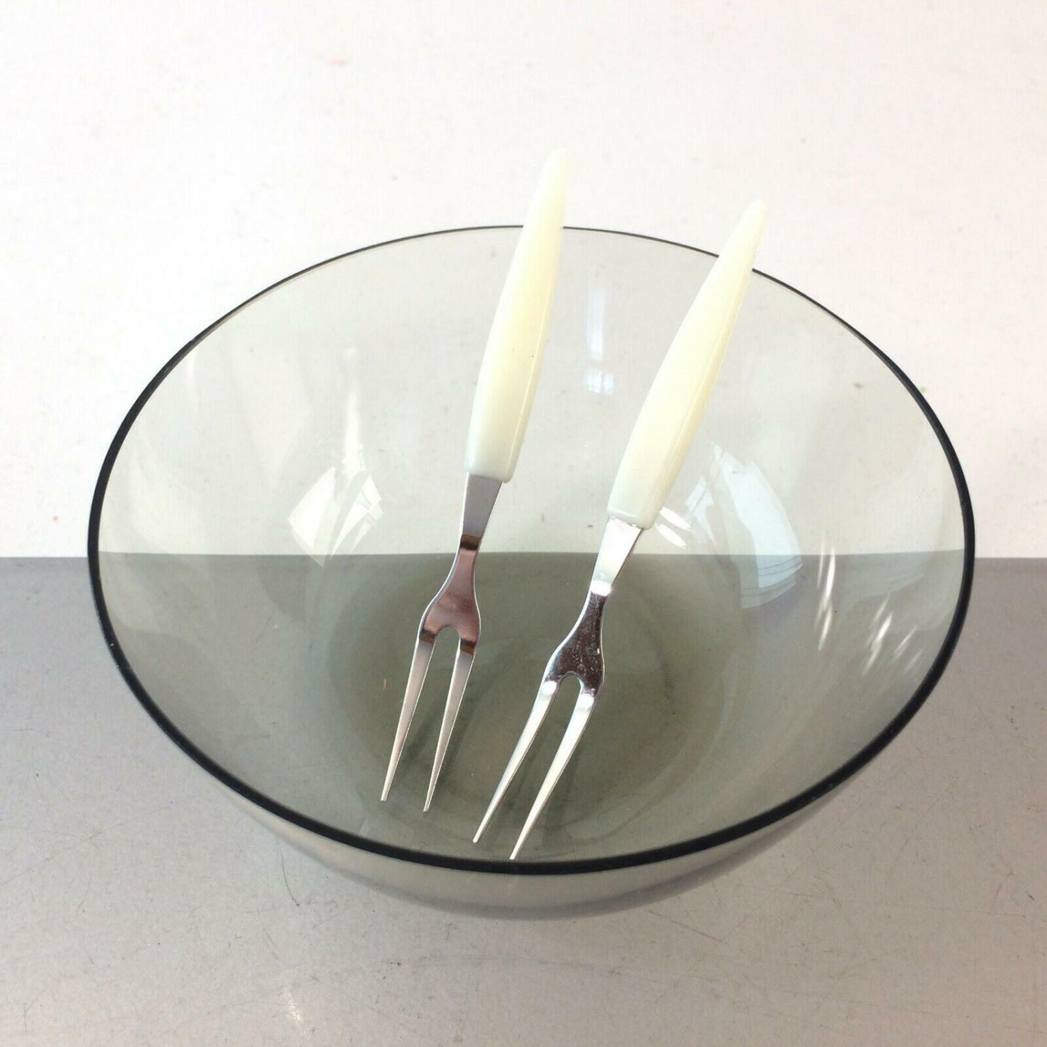 50er 60er Rauchglas Glas Schälchen Schalen MID CENTURY + Gabeln 