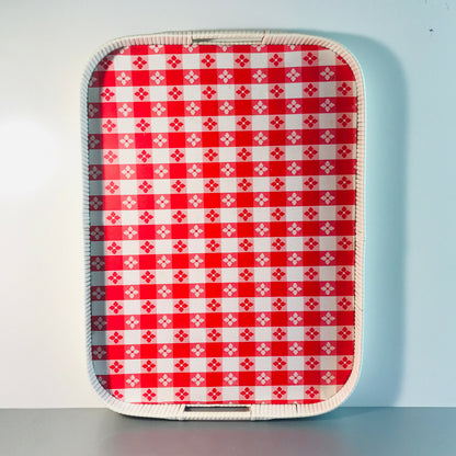 MID CENTURY 50er 60er Tablett  34 x 47 cm Blumen Karo rot Kunststoff 70er