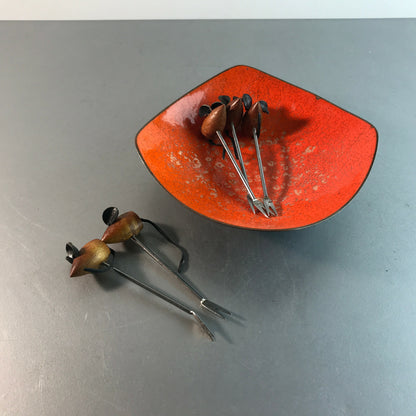 Vintage Picker Mäuse Holz Teak 50er 60er MID CENTURY mit Emaille Schale orange