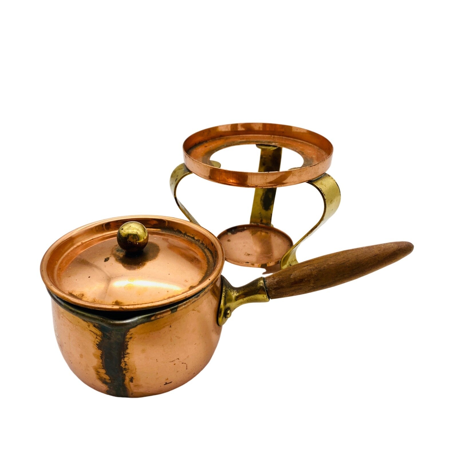 Stövchen Stieltopf Kupfer Hammerschlag 50er MID CENTURY Rechaude Buttertöpfchen