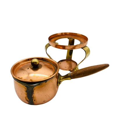 Stövchen Stieltopf Kupfer Hammerschlag 50er MID CENTURY Rechaude Buttertöpfchen
