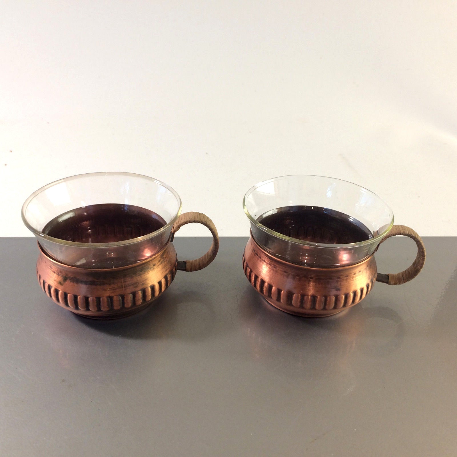 Teegläser Halter Kupfer 50er 60er Set Vintage MID CENTURY Teetassen Glas