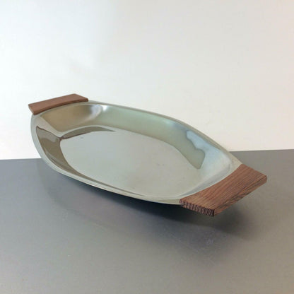 KLEEBLATT  Anrichte Platte Servierplatte Edelstahl Teak 33,5 cm