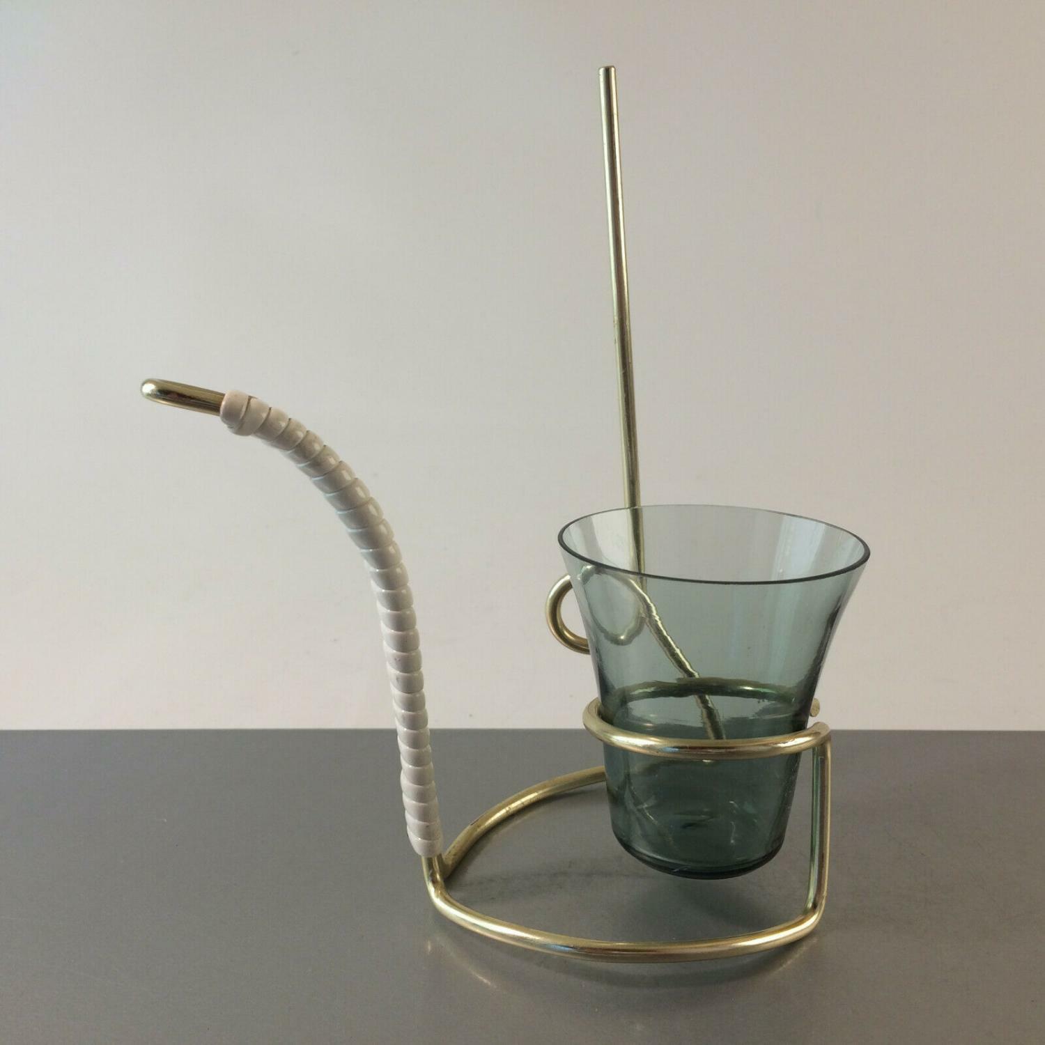 Glas Rauchglas Messing farben 50er 60er mit Halter MID CENTURY 