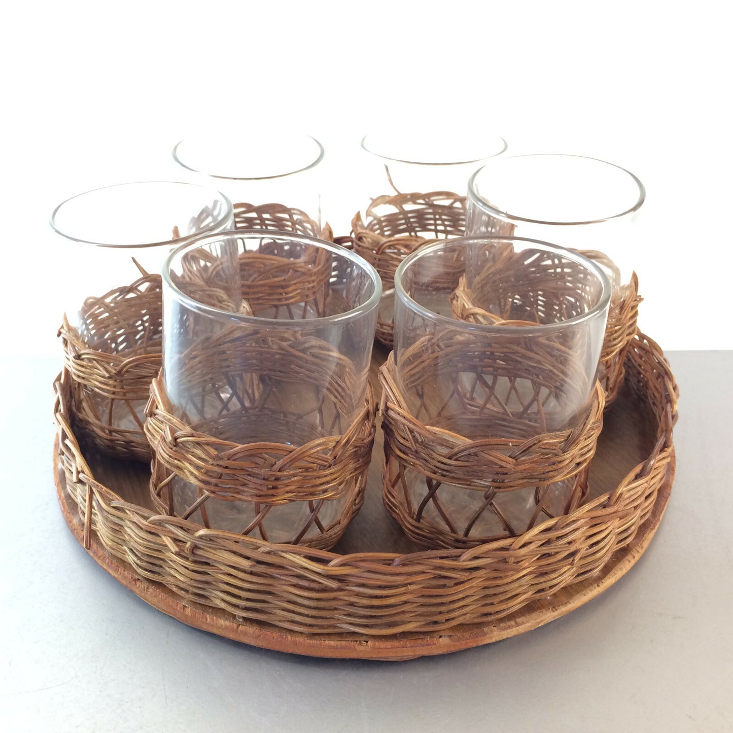 MID CENTURY 6er Set  Teegläser Gläser Schott 50er 60er Tablett Holz 25 cm