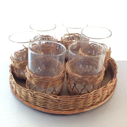 MID CENTURY 6er Set  Teegläser Gläser Schott 50er 60er Tablett Holz 25 cm