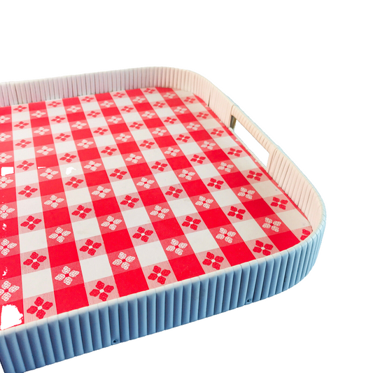 MID CENTURY 50er 60er Tablett  34 x 47 cm Blumen Karo rot Kunststoff 70er