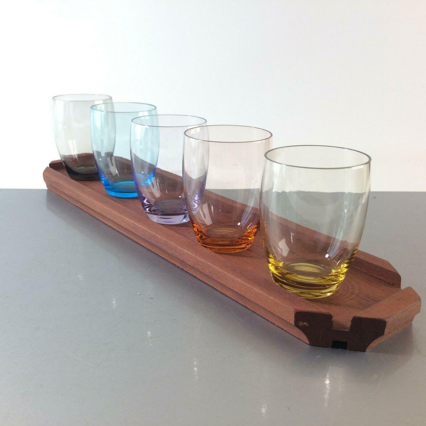 Gläser GLAS 5 er Set mit Tablett HOLZ Teak 50er 60er 7,5 cm bunt