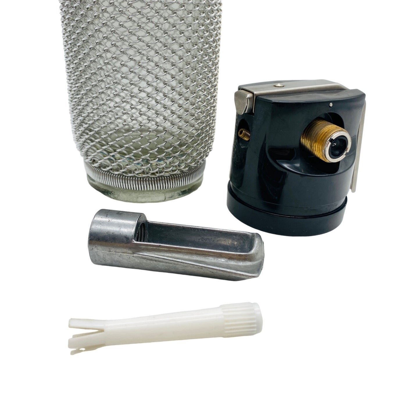 Sodaflasche Netz Vintage 60er 70er Sodasiphon Metall silber Siphon Glasflasche