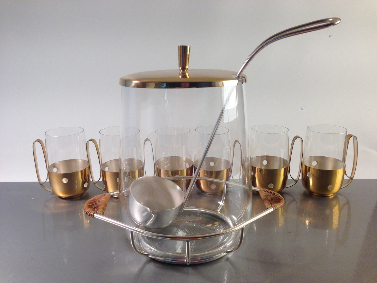 VINTAGE 50er 60er Messing Glas Leder Silber BOWLE Gläser Tassen Kelle