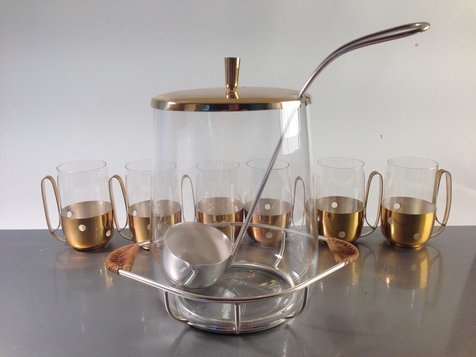 VINTAGE 50er 60er Messing Glas Leder Silber BOWLE Gläser Tassen Kelle