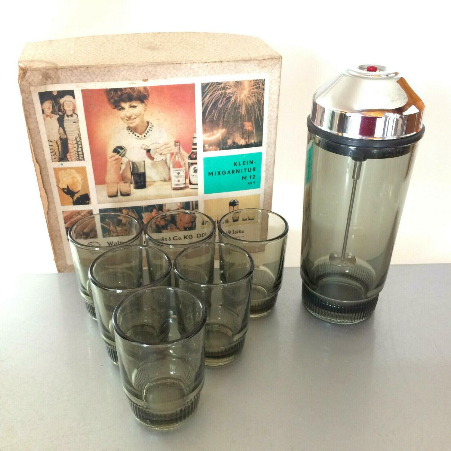 SHAKER Design 50er 60er Cocktailshaker Glas mit GLäser & OVP Rauchglas