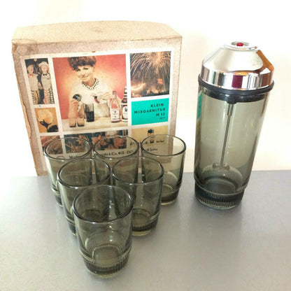 SHAKER Design 50er 60er Cocktailshaker Glas mit GLäser & OVP Rauchglas