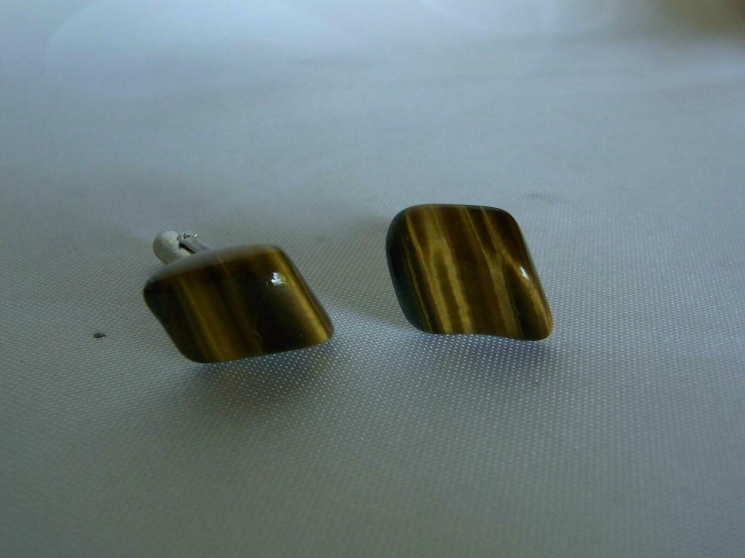 Alte MANSCHETTENKNÖPFE Manschetten CUFFLINKS silbern TIGERAUGE Stein