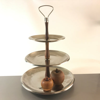 SUS Edelstahl VINTAGE 60er Holz Etagere Schale Teller 35 cm Teak Halter Deko