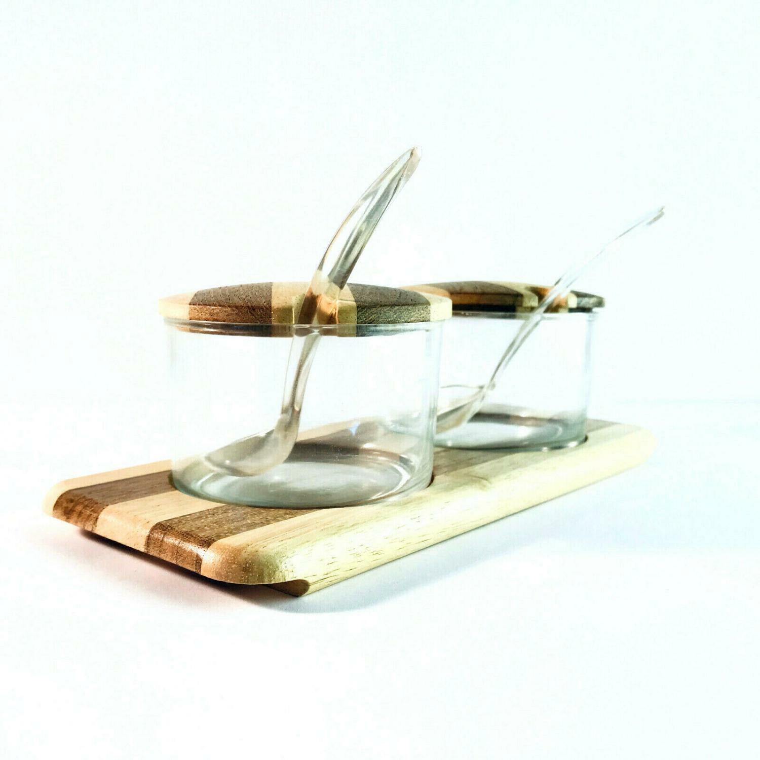 Honig- und Konfitürenset D 9 cm Schälchen Glas Tablett Holz 24,5 cm