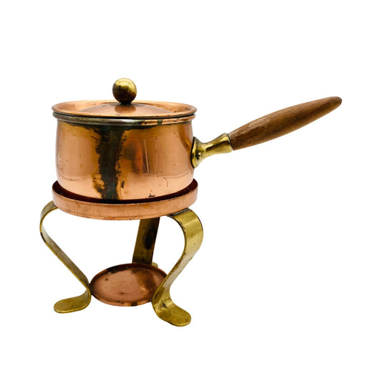 Stövchen Stieltopf Kupfer Hammerschlag 50er MID CENTURY Rechaude Buttertöpfchen