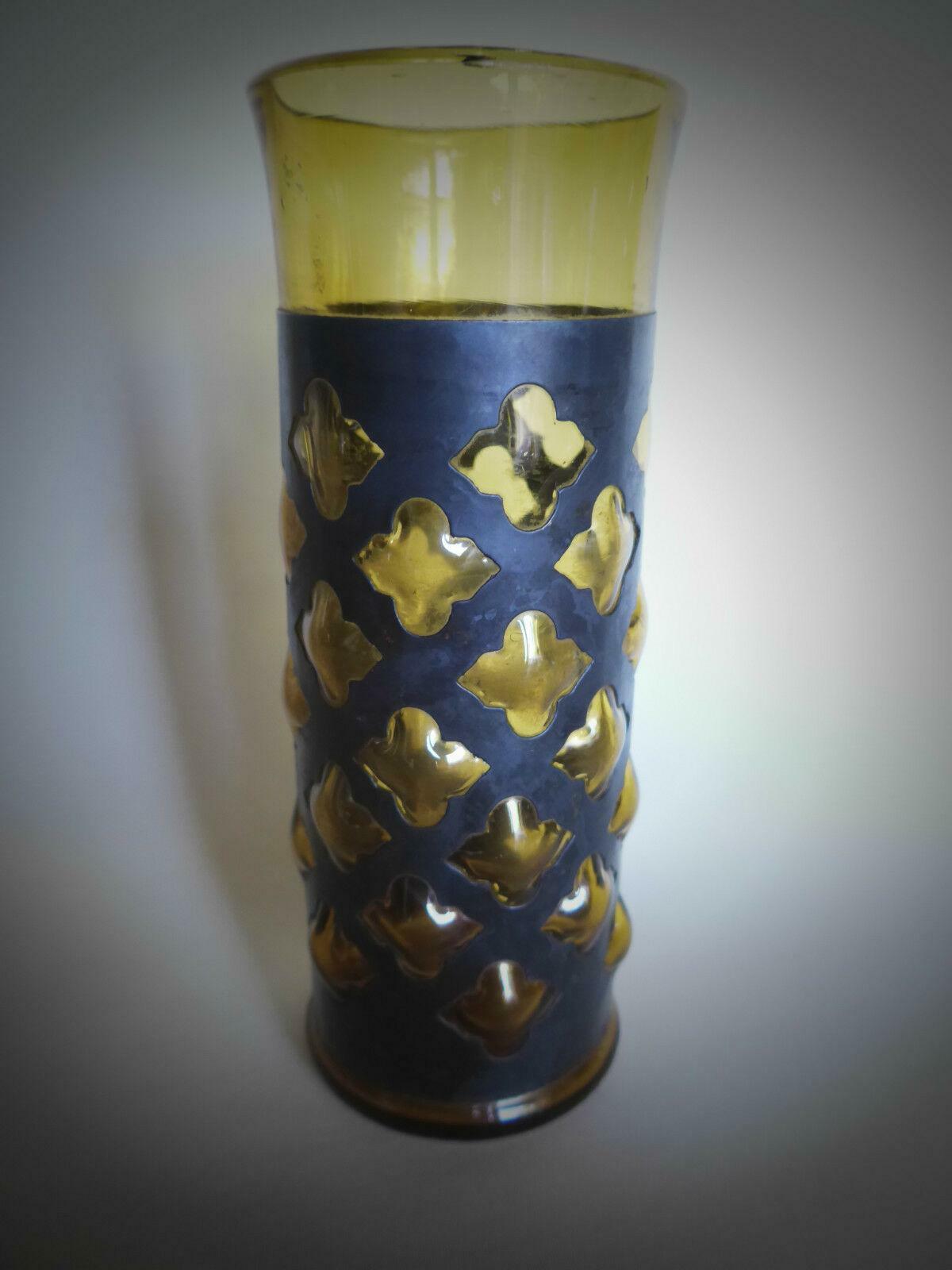 60er 70er VASE Metallmantel Noppen Nuppen Bubbles Bernstein Glas 19 cm