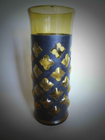 60er 70er VASE Metallmantel Noppen Nuppen Bubbles Bernstein Glas 19 cm