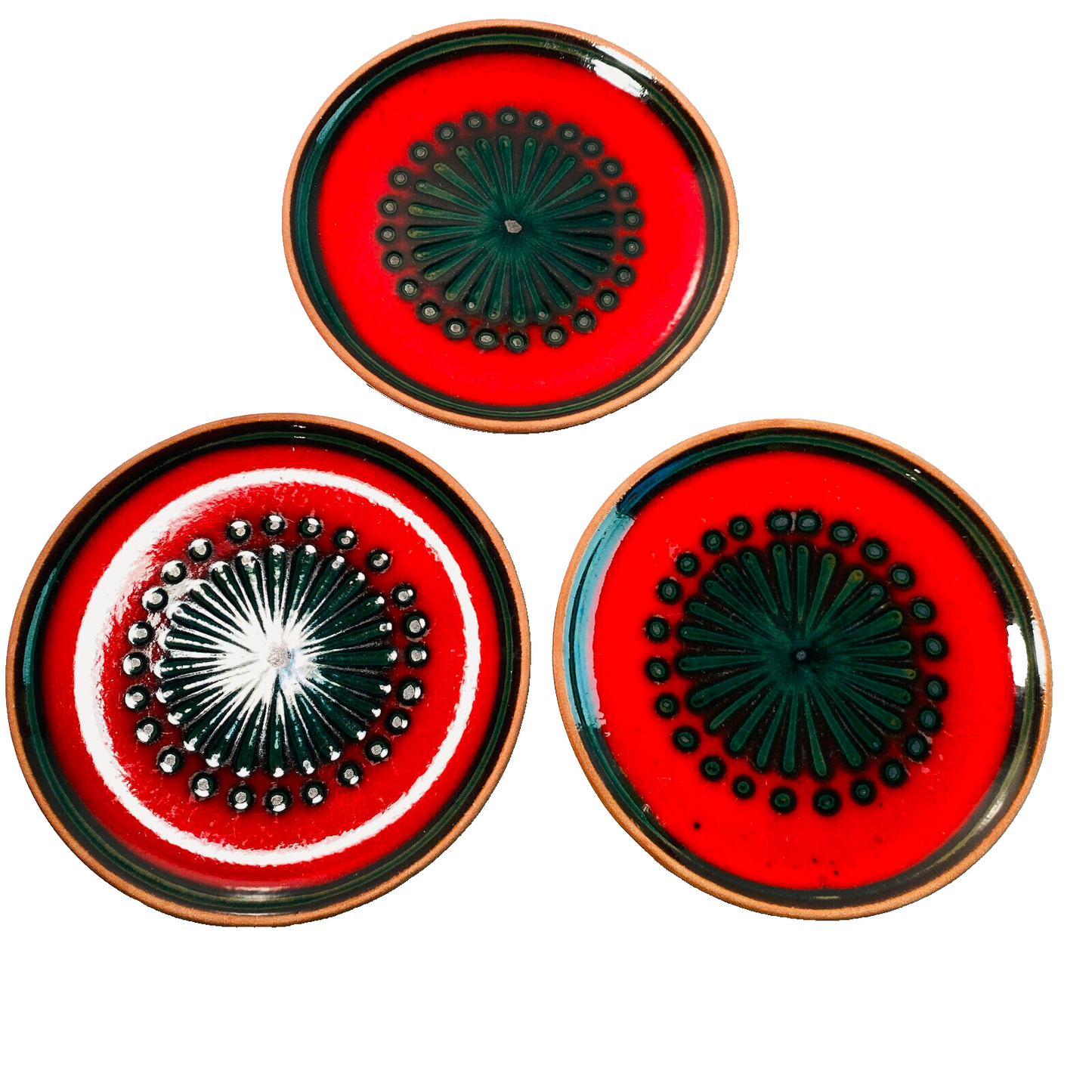 Keramik Teller 3er Set rot grün  15 cm Dessertteller Vintage 60er 70er