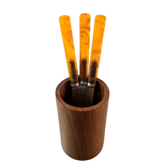 Becher Holzbecher 9,4 cm Obstmesser Set helbe Griffe Kunststoff Bakelit