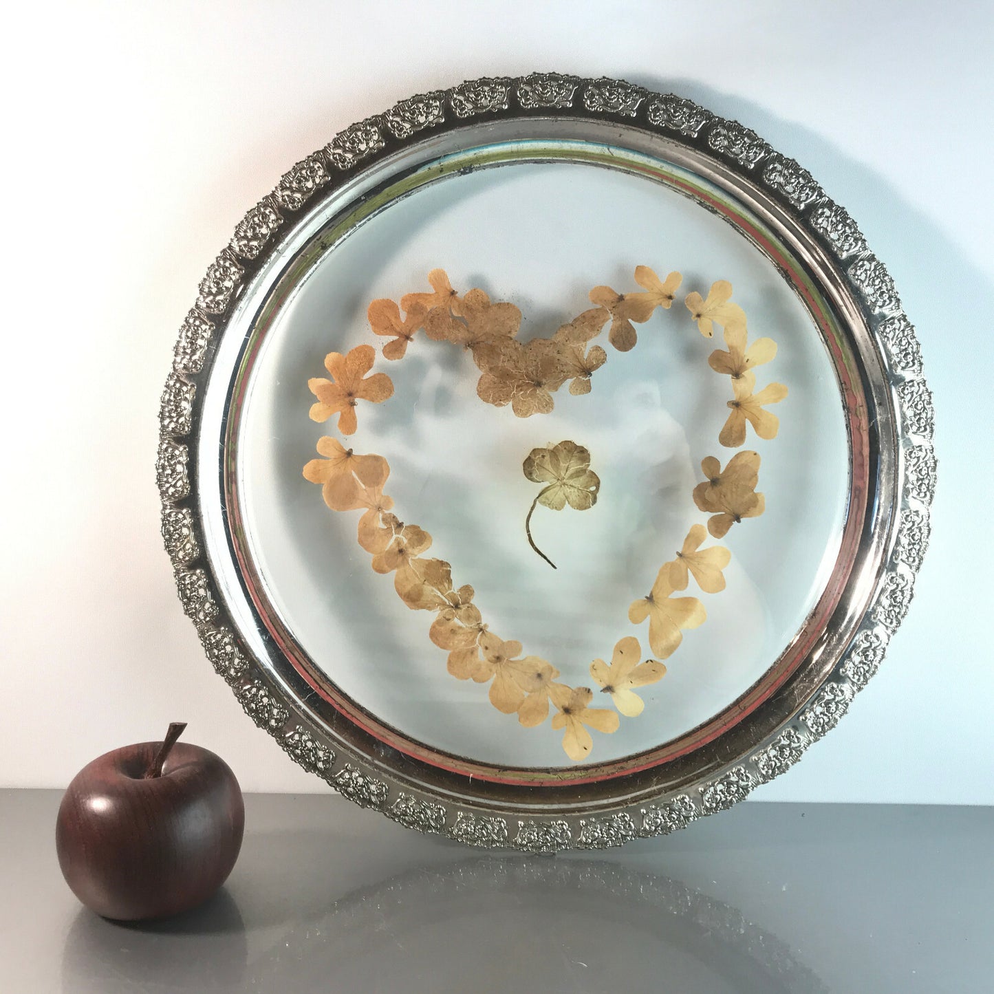 Glas Tortenplatte außen 36 cm 60er 70er versilbert Herz Teller Kleeblatt